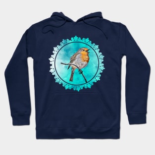 Lovely Robin Bird Drawing with Turquoise Background Hoodie